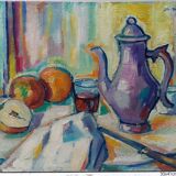 Still life with pitcher, fruit and glass of wine