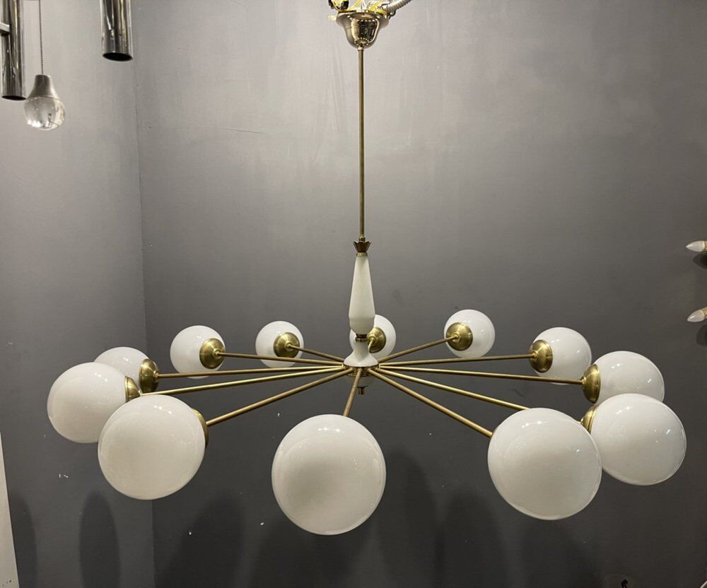 Opaline glass & brass sputnik chandelier with 12 lights, 1970s