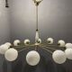 Opaline glass & brass sputnik chandelier with 12 lights, 1970s