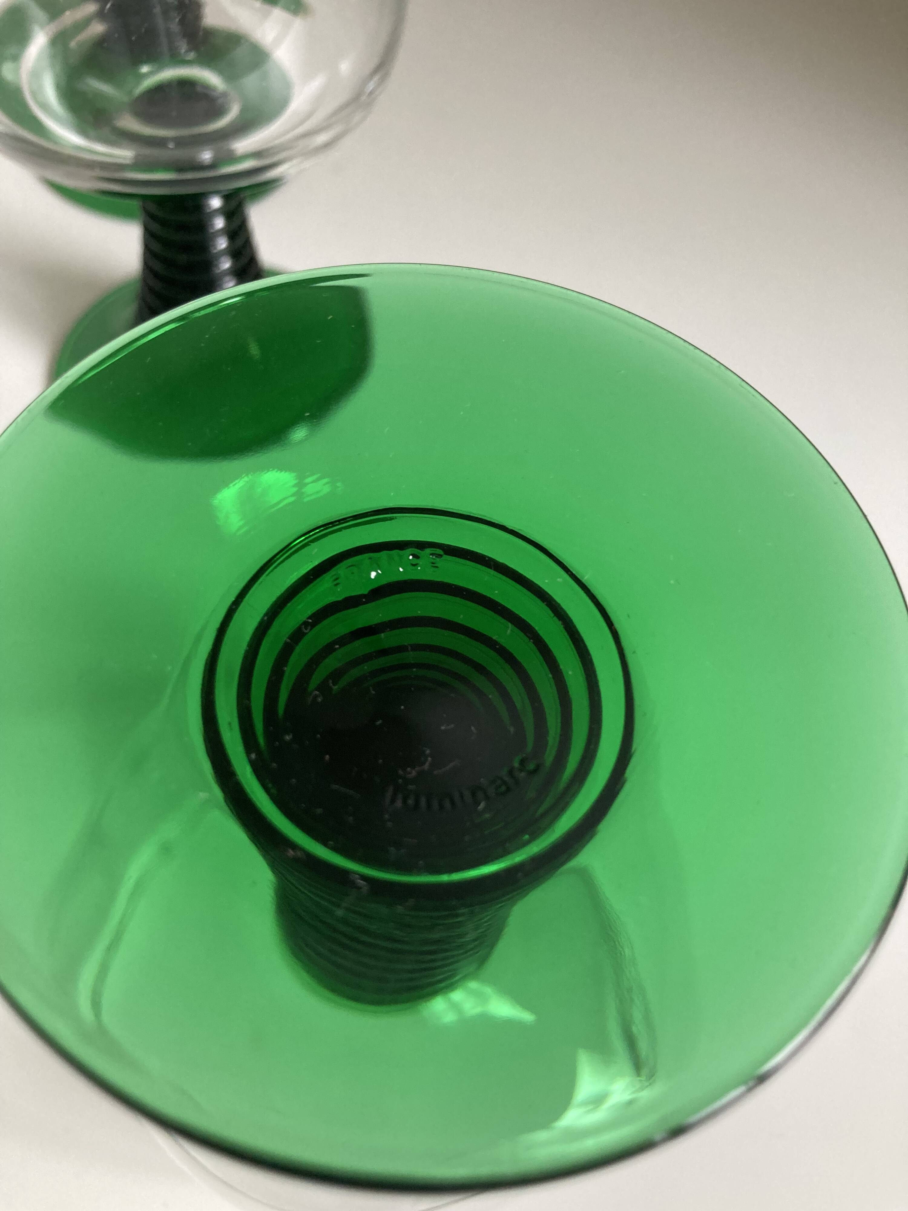 6 Vintage Green Wavy Stemmed Glasses