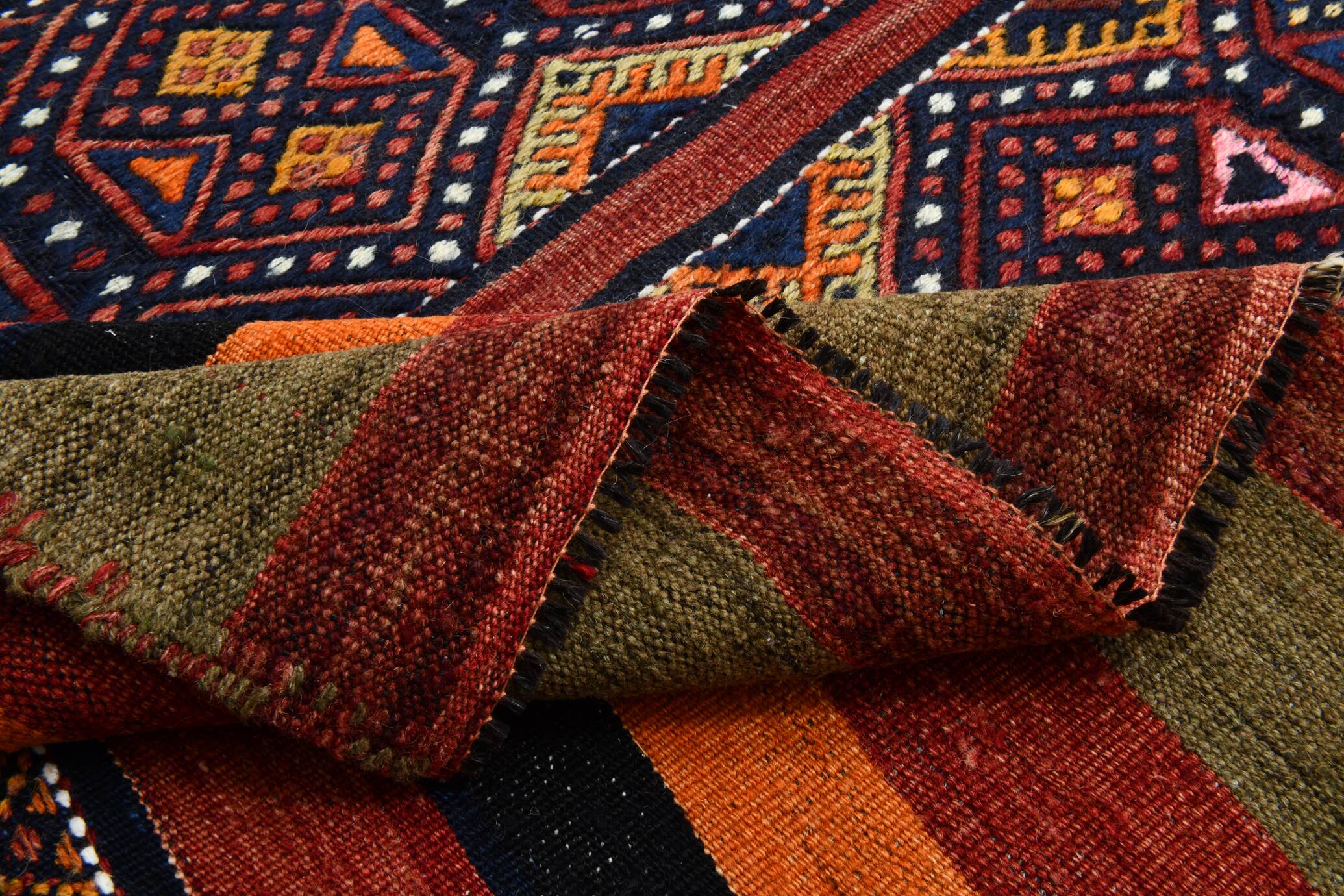 Navy Blue Orange Square Antique Kilim Rug, 128x128Cm