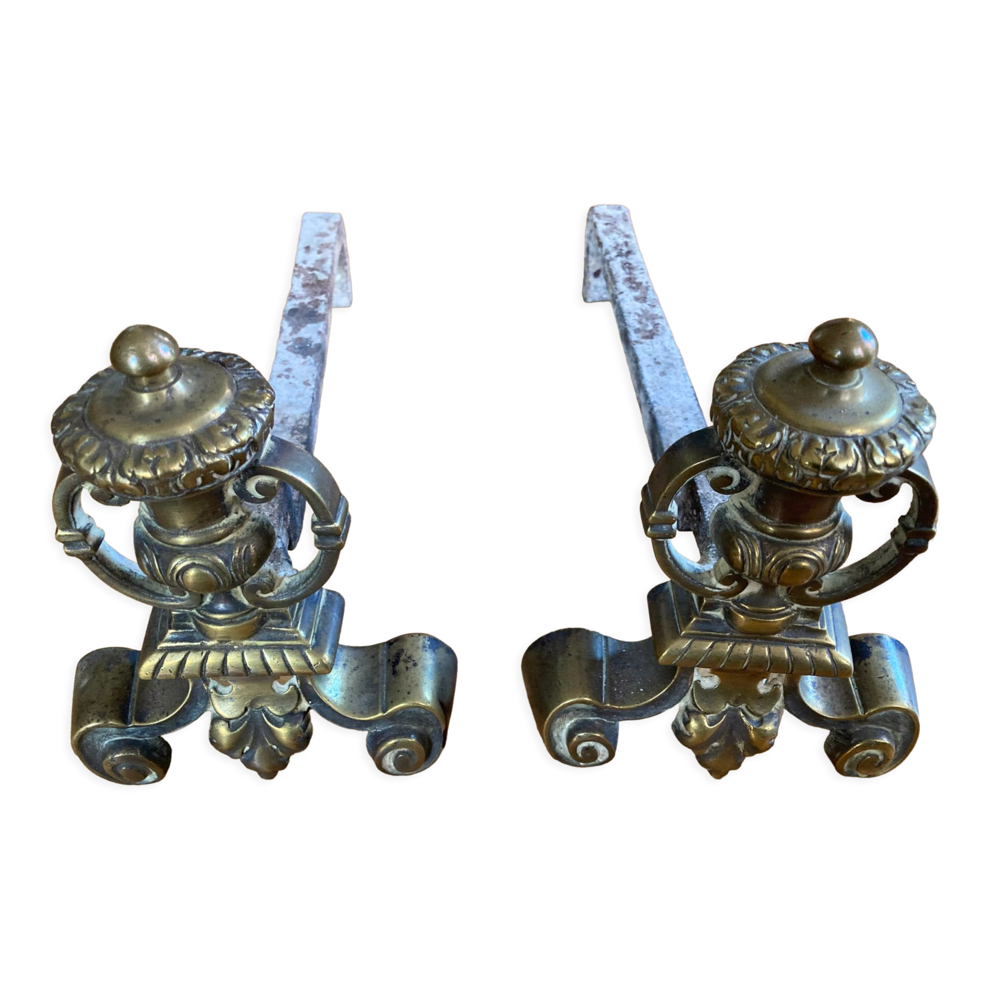 Antique bronze and cast iron chenets