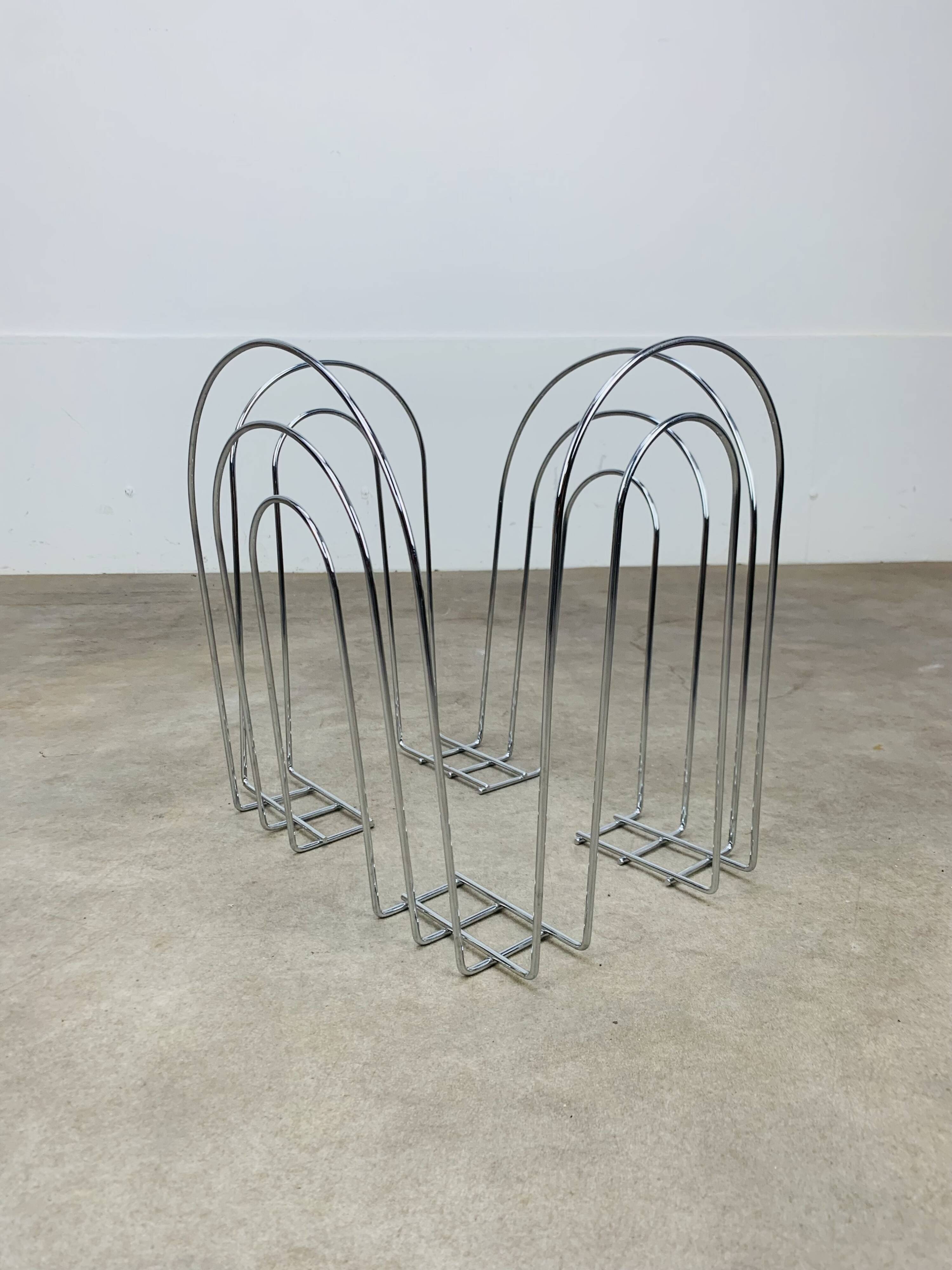 Postmodern chrome metal magazine rack from the 80s