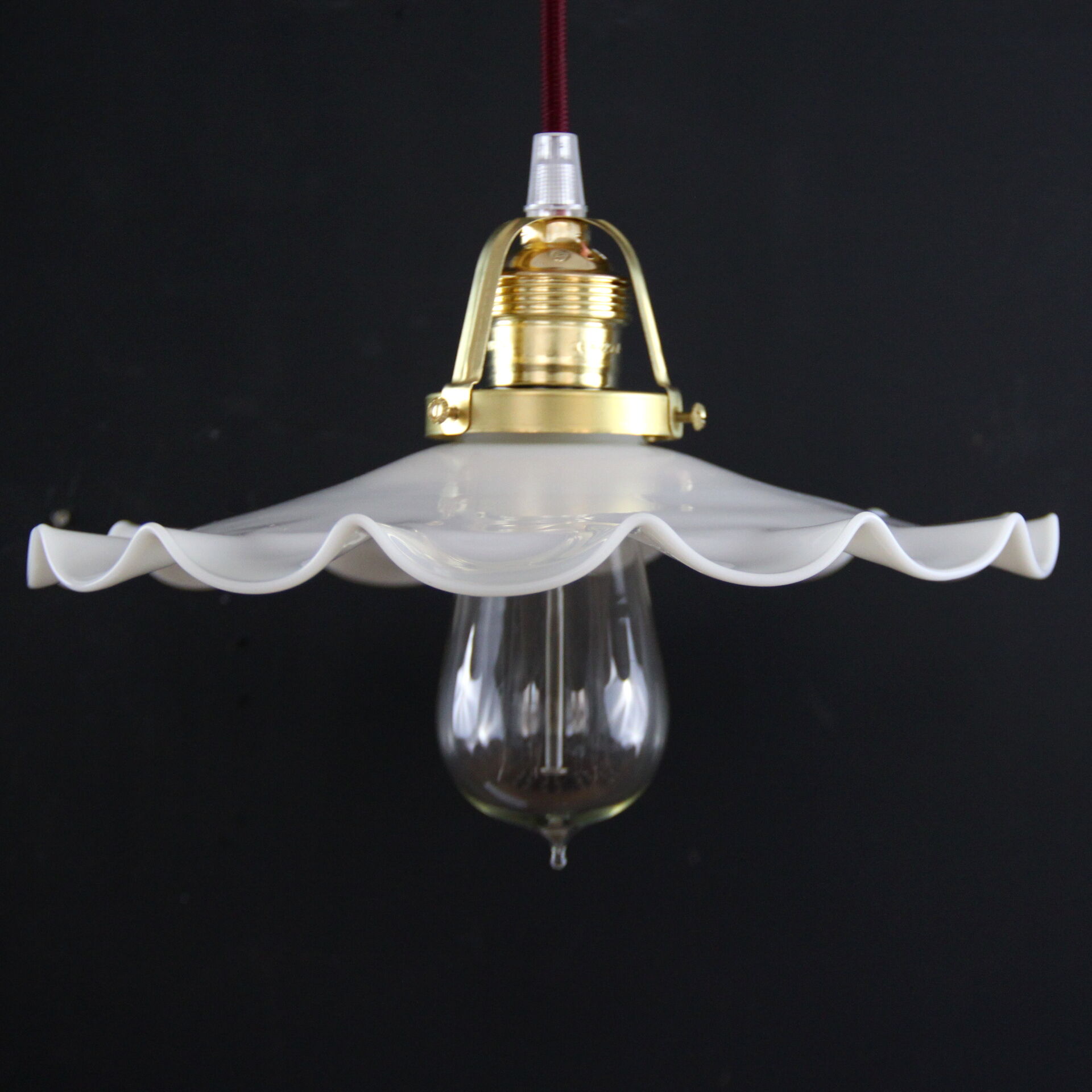 White wavy opaline hanging lamp, antique glass