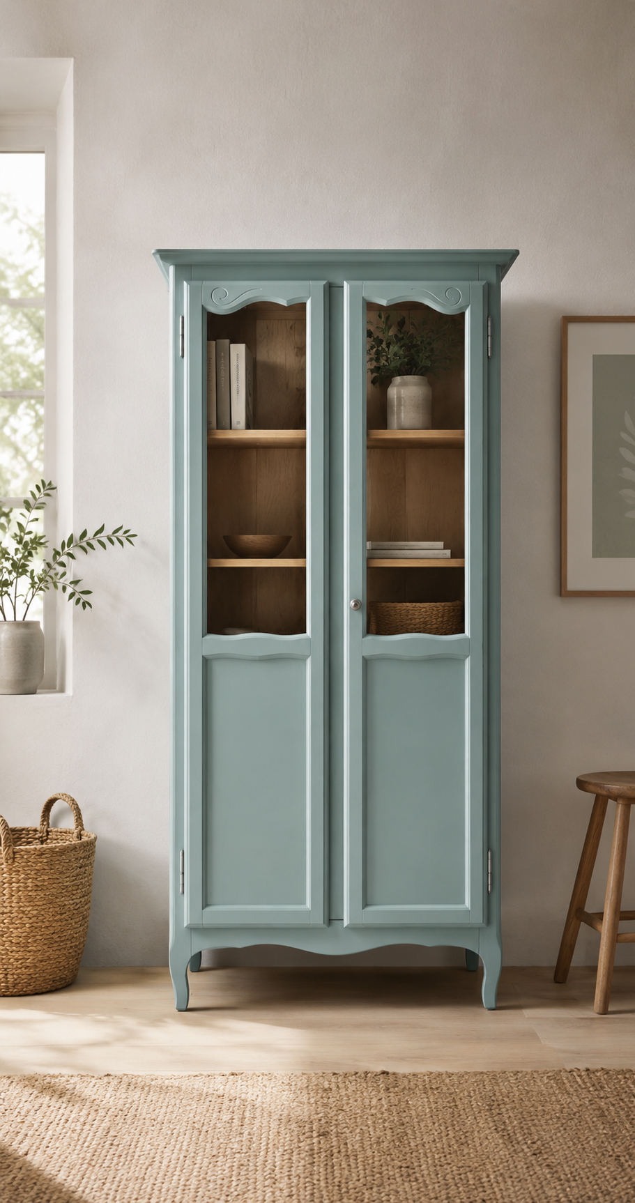 Vintage grey-green glass cabinet from the 1960s.