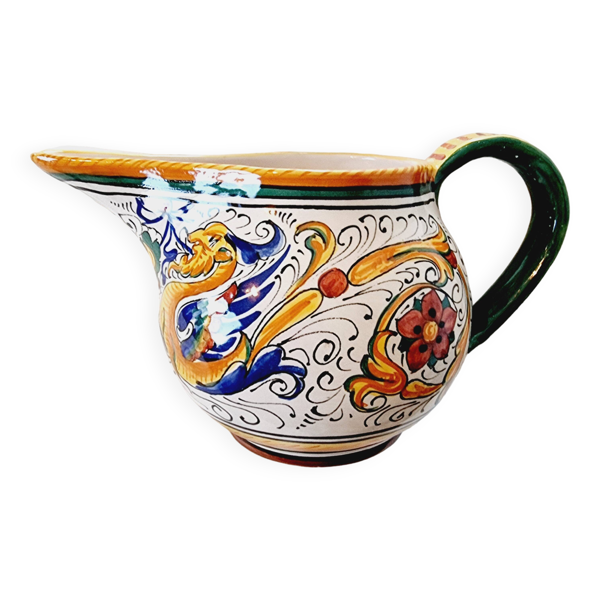 Majolica ceramic jug by R. Deruta, Italy, hand-painted, with a long spout.  Decorated with a dragon tree