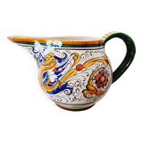 Majolica ceramic jug by R. Deruta, Italy, hand-painted, with a long spout.  Decorated with a dragon tree