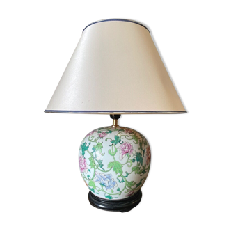 Lampe chine milieu XXe decor floral sur support bois