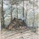 Clog maker's hut in the Fougères forest, watercolor