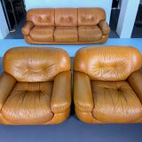 Sofa set in cognac leather by Sapporo for Mobil Girgi,  Italy 1970s
