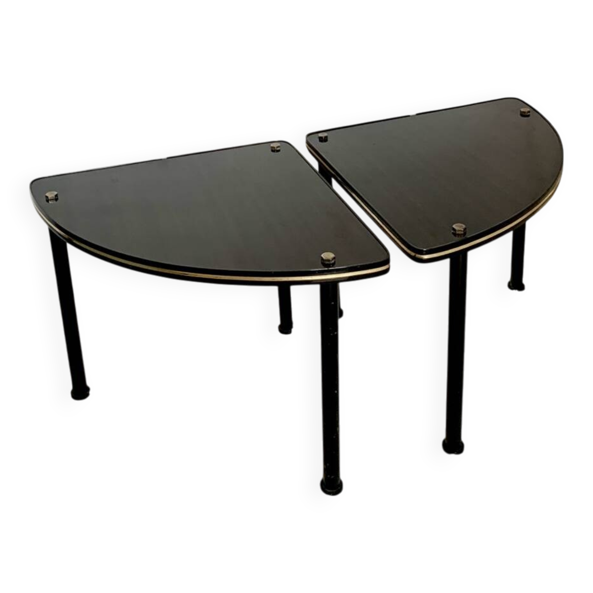 Pair of vintage 1960s side tables – wood veneer & brass, metal legs