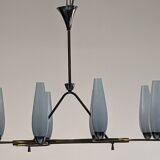 Eight-light chandelier in glass and brass, France circa 1960.