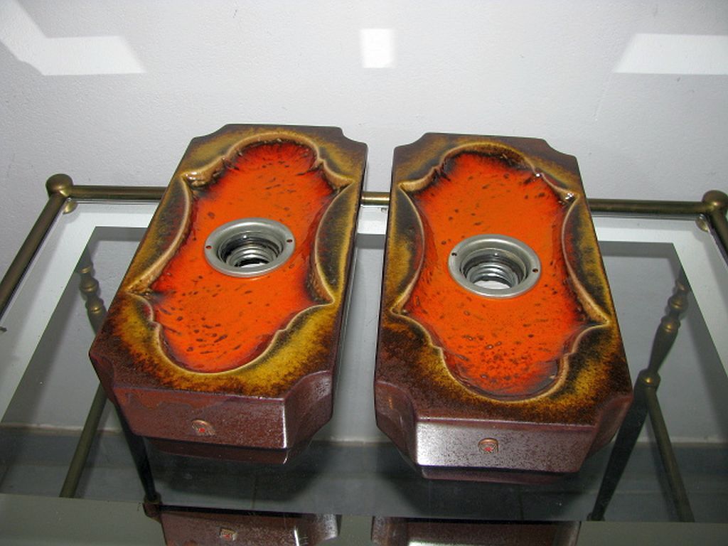 Set of 2 German Orange Lava Ceramic Wall Lamps from the 1960s / 70s Pan Keramik