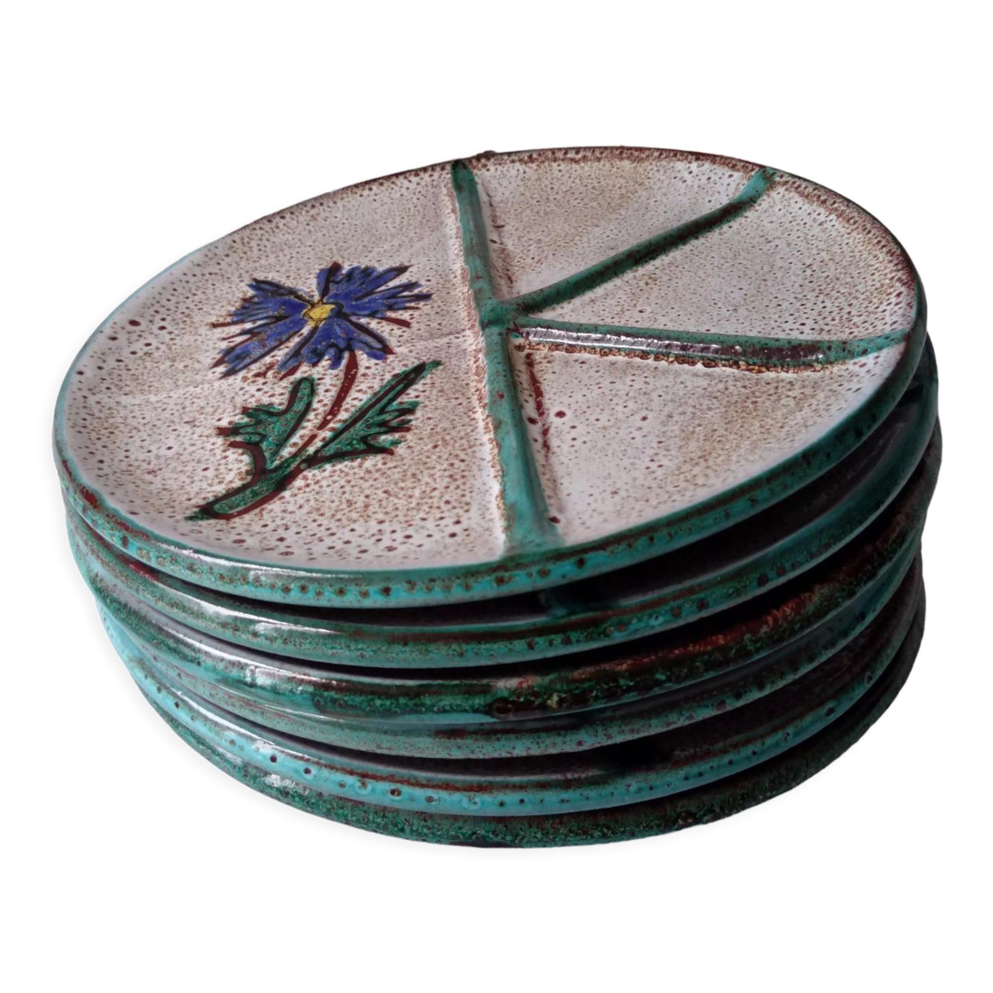 Set of 6 handmade Vallauris ceramic plates beige gray and turquoise blue with flower decoration
