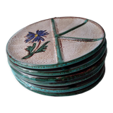 Set of 6 handmade Vallauris ceramic plates beige gray and turquoise blue with flower decoration
