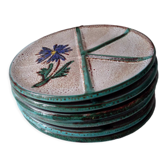 Lot de 6 assiettes en céramique Vallauris fait main gris beige et bleu turquoise avec décor fleur