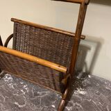 Wicker and brown wood magazine rack