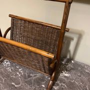 Wicker and brown wood magazine rack