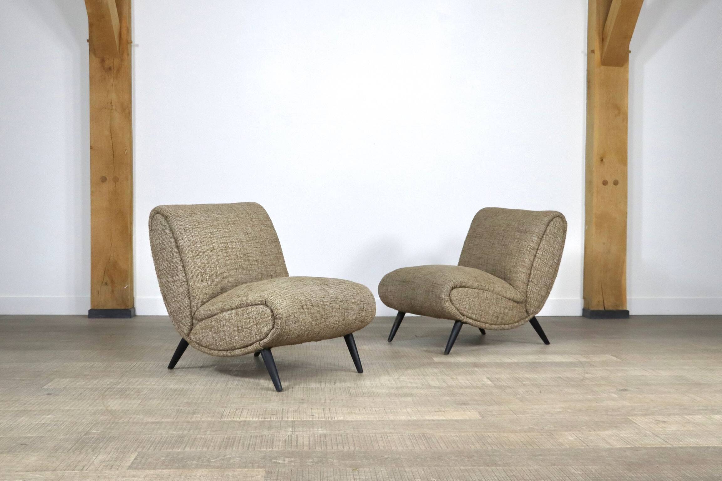 Pair Of Norman Bel Geddes Armchairs In Birch Wood & Original Wool Fabric, 1950s
