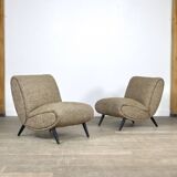 Pair Of Norman Bel Geddes Armchairs In Birch Wood & Original Wool Fabric, 1950s