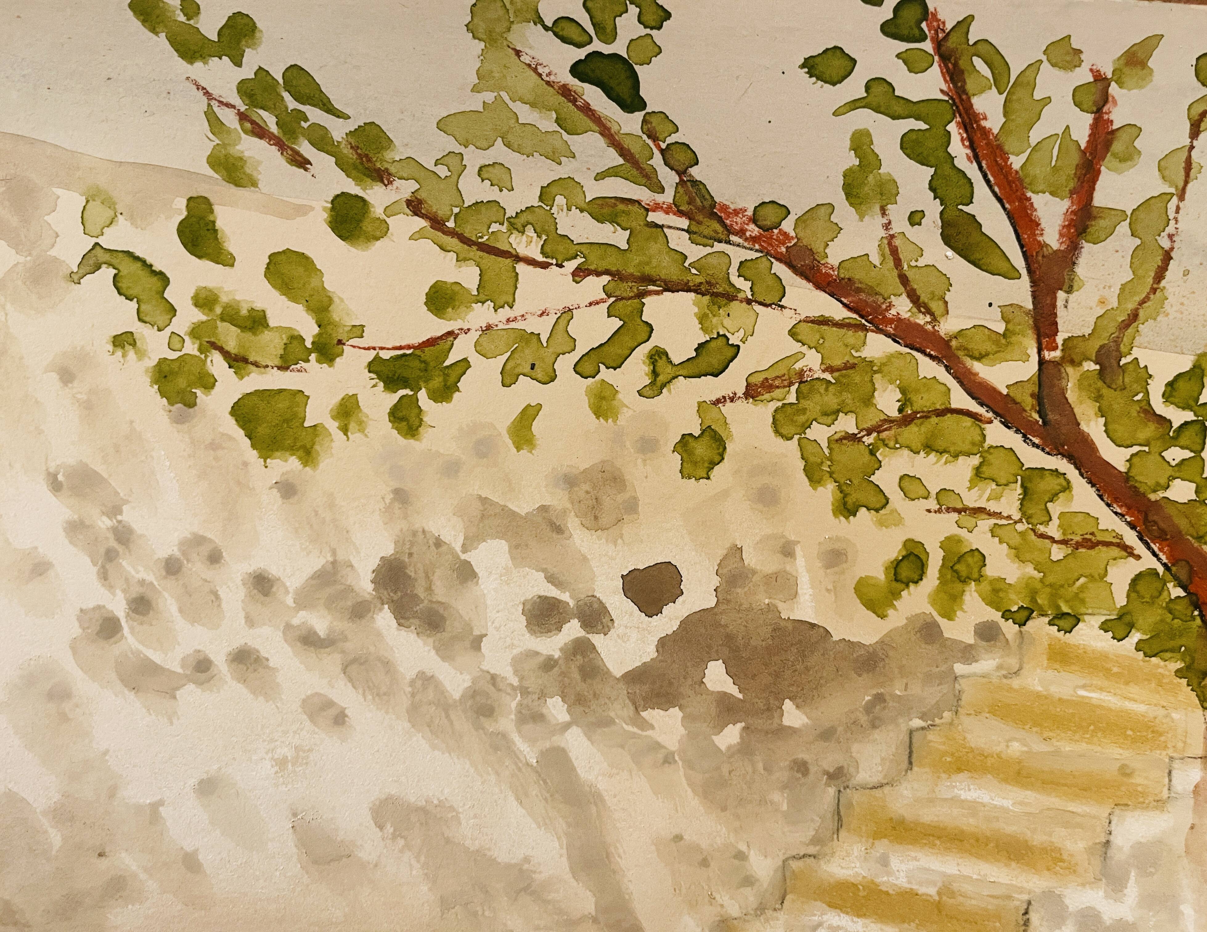 Signed pastel and watercolor painting of a Provençal landscape "the staircase"