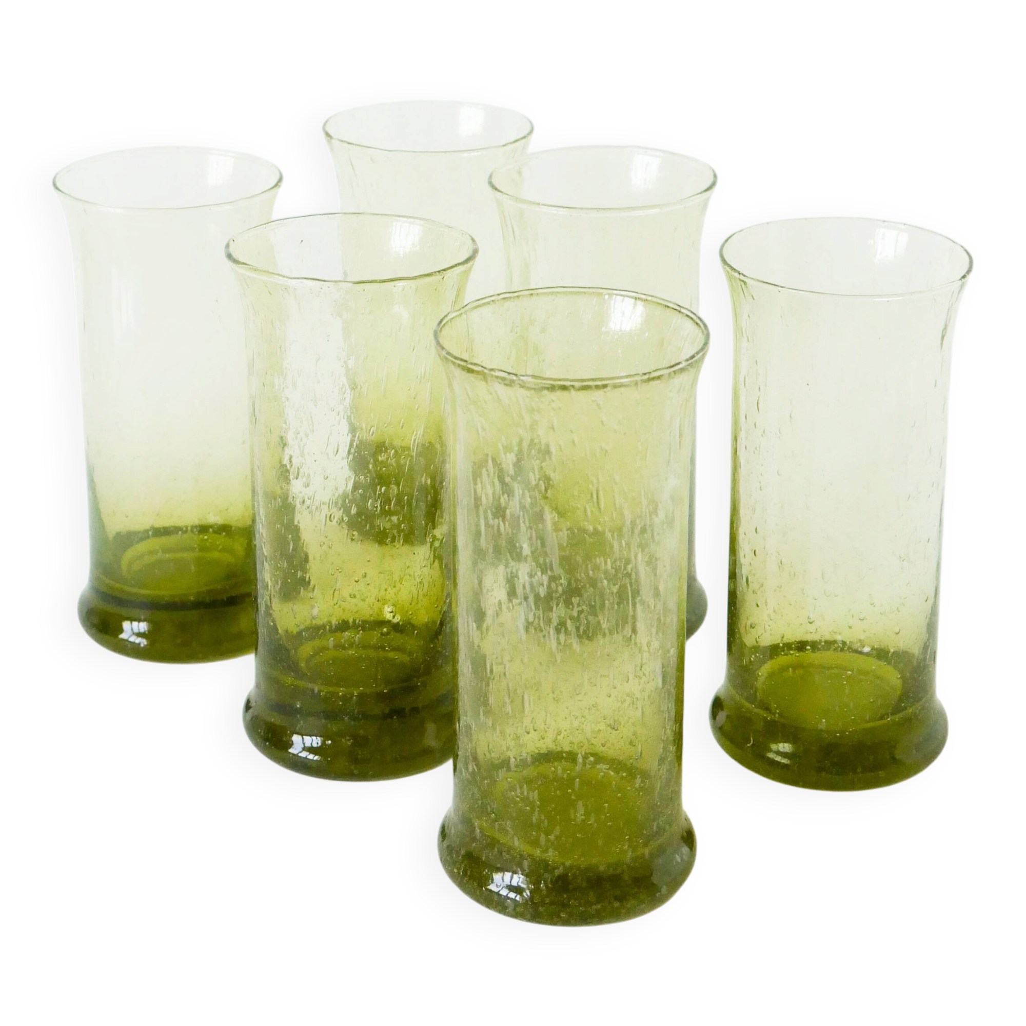 Set of 6 bubble glass long drink glasses from Biot, Green, 1960.