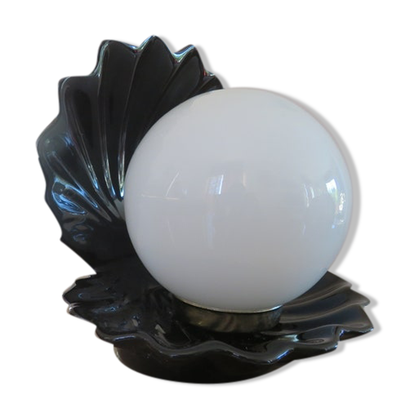 Black ceramic shell lamp and white opaline ball 1970