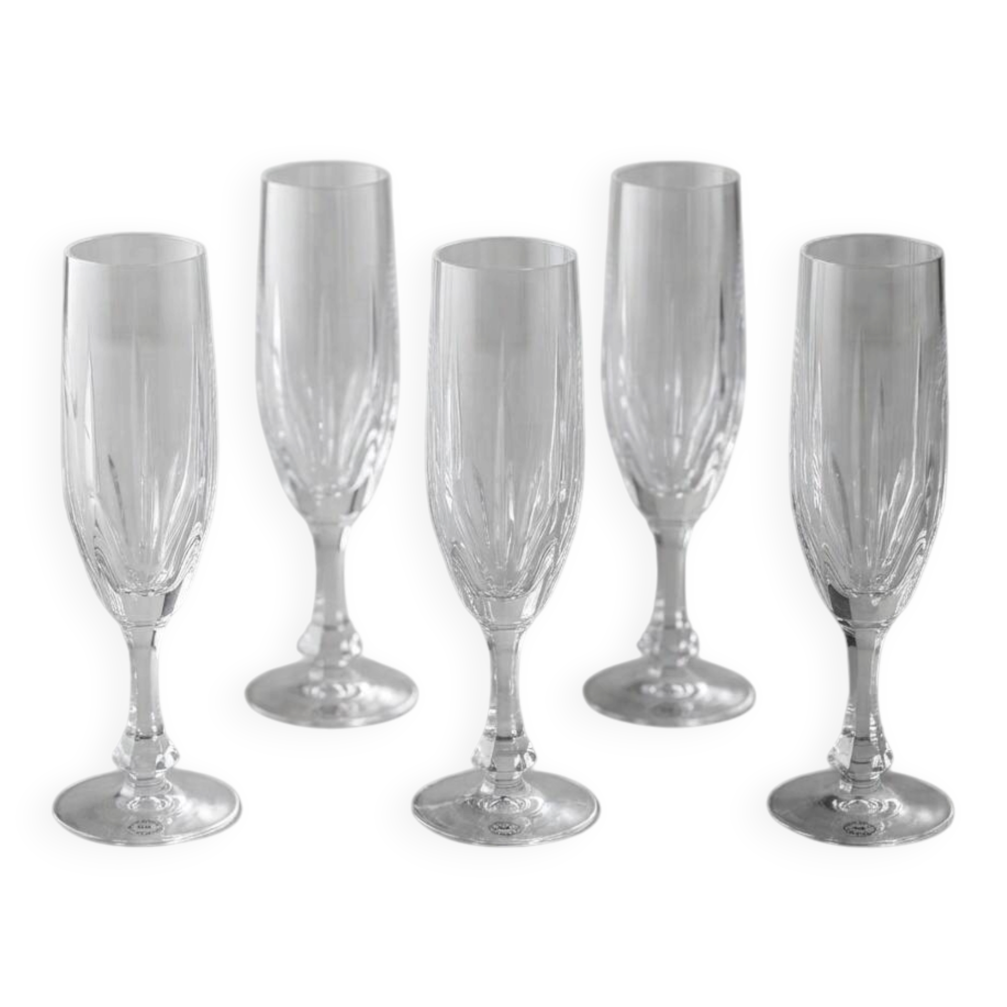 Set of 5 champagne flutes, Lembeg Crystal, 1960