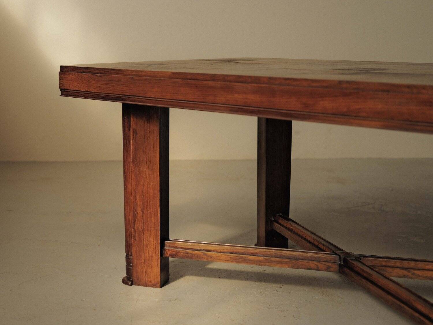 Modernist oak table with a checkerboard top, France, circa 1940.