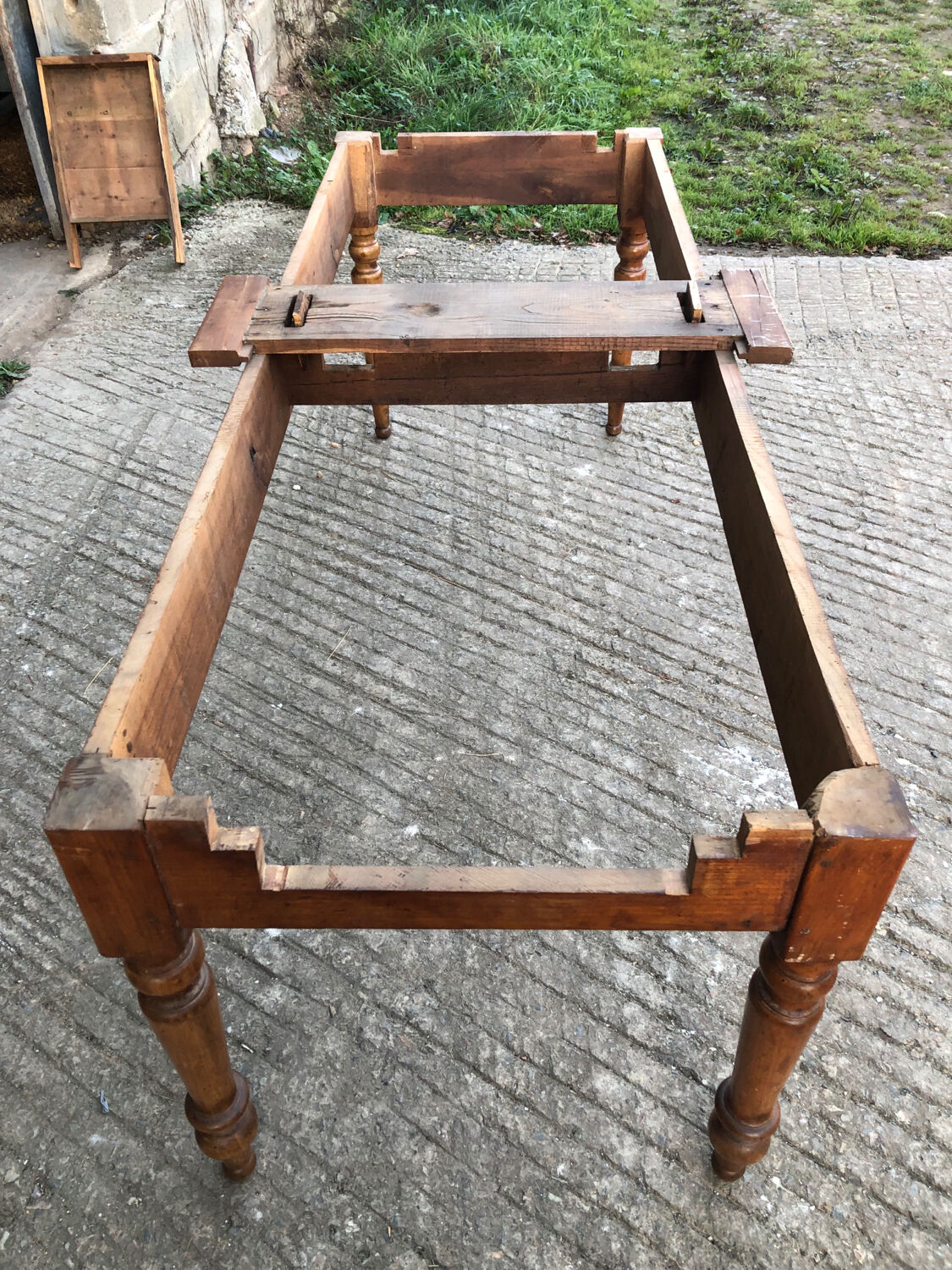 Antique farmhouse table in solid cherry wood with its 2 benches