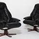 Pair of Danish black leather recliner swivel chairs by Hjort Knudsen