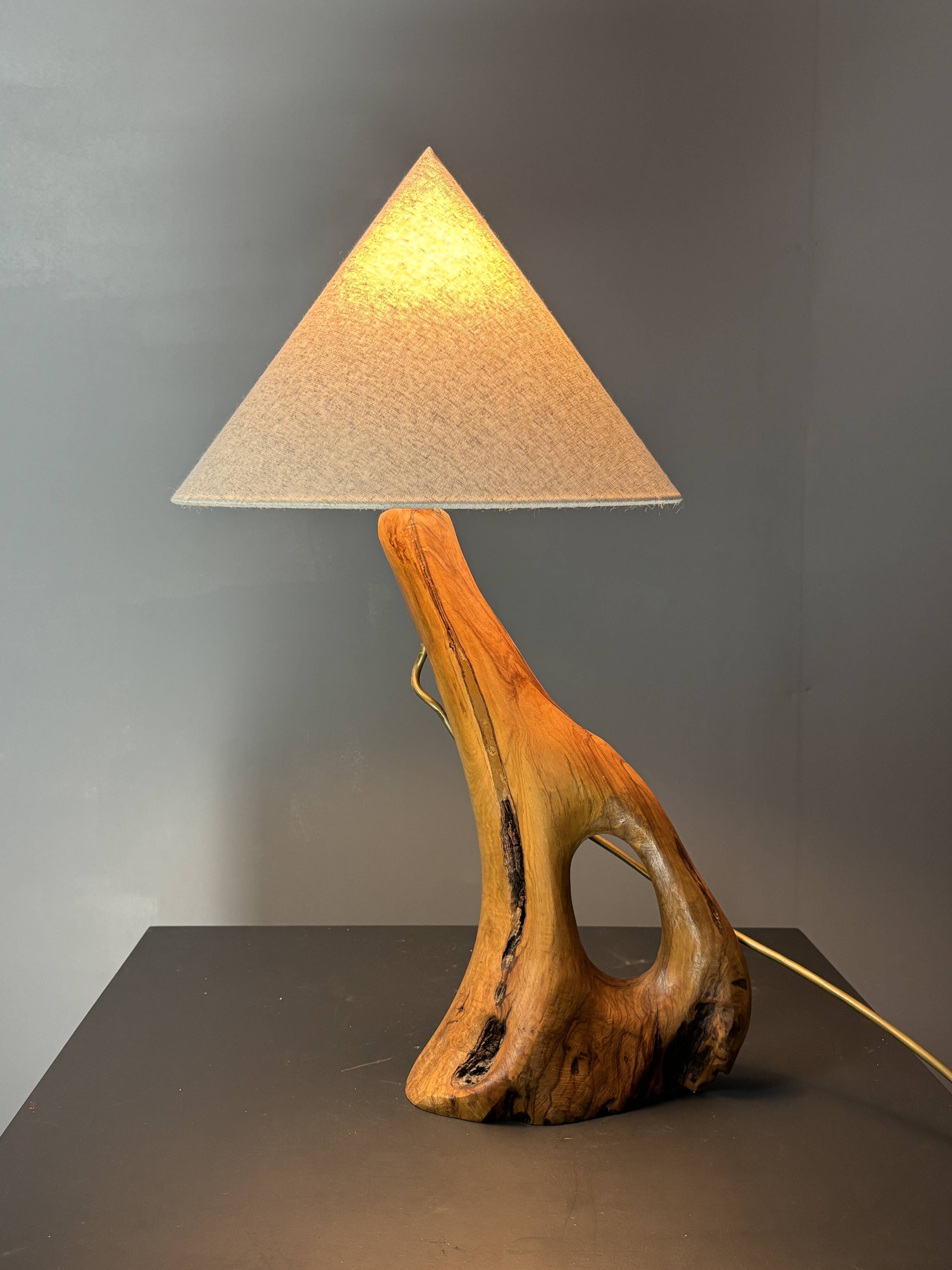 French midcentury brutalist olive wood table lamp, 1950s