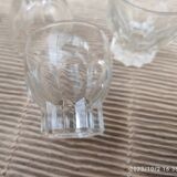 Carafe set, 5 small digestive glasses and 2 leaf-patterned cup glasses.