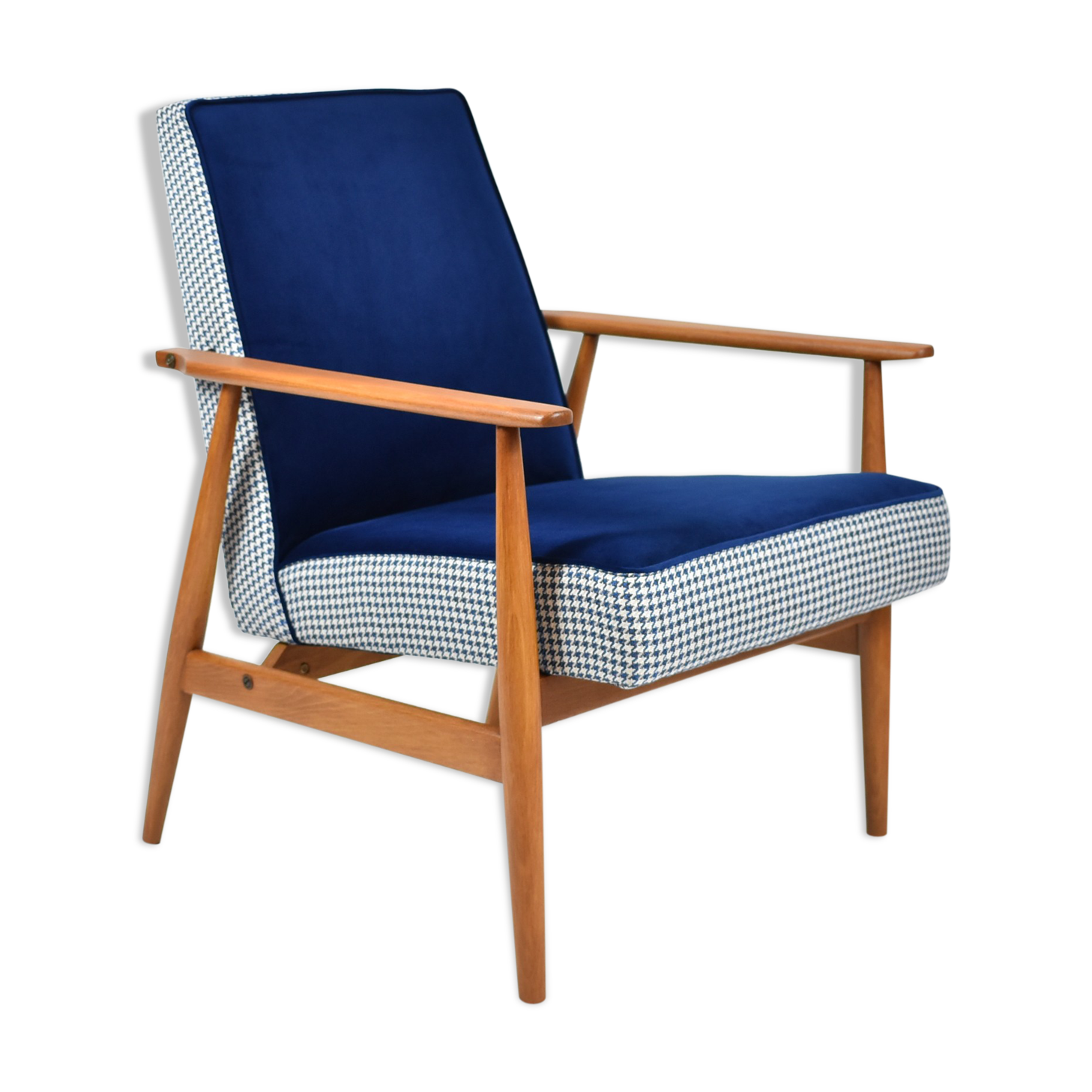 Original renovated vintage armchair 1960s, houndstooth, velvet