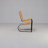 60s Unique metal cantilever framed lounge chair with pine seat