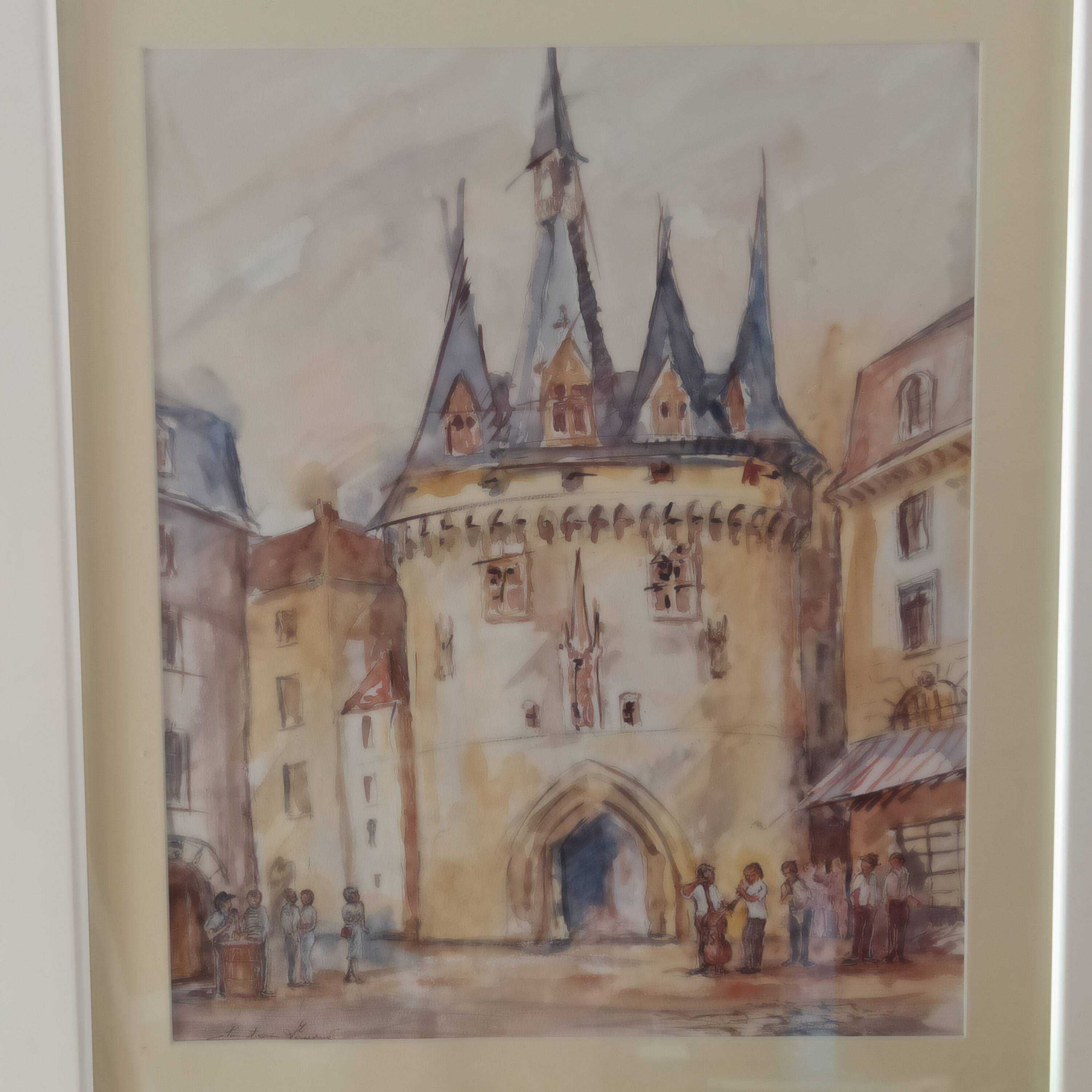 Watercolor "Music Festival at Porte Cailhau" Bordeaux signed Fouquet