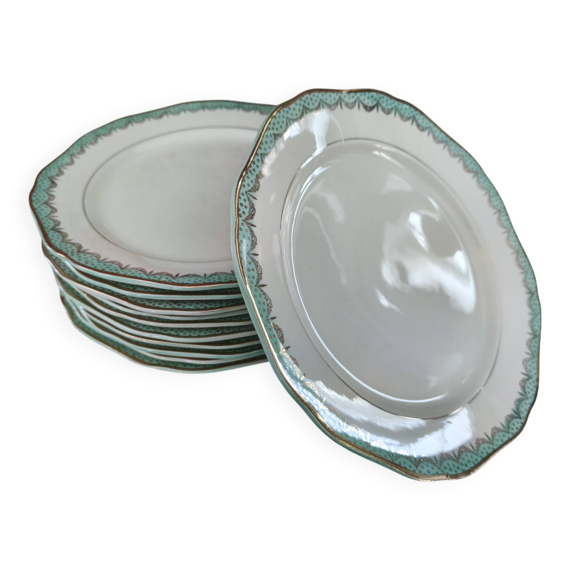 Set of 11 Longwy France earthenware dinner plates, Trianon model