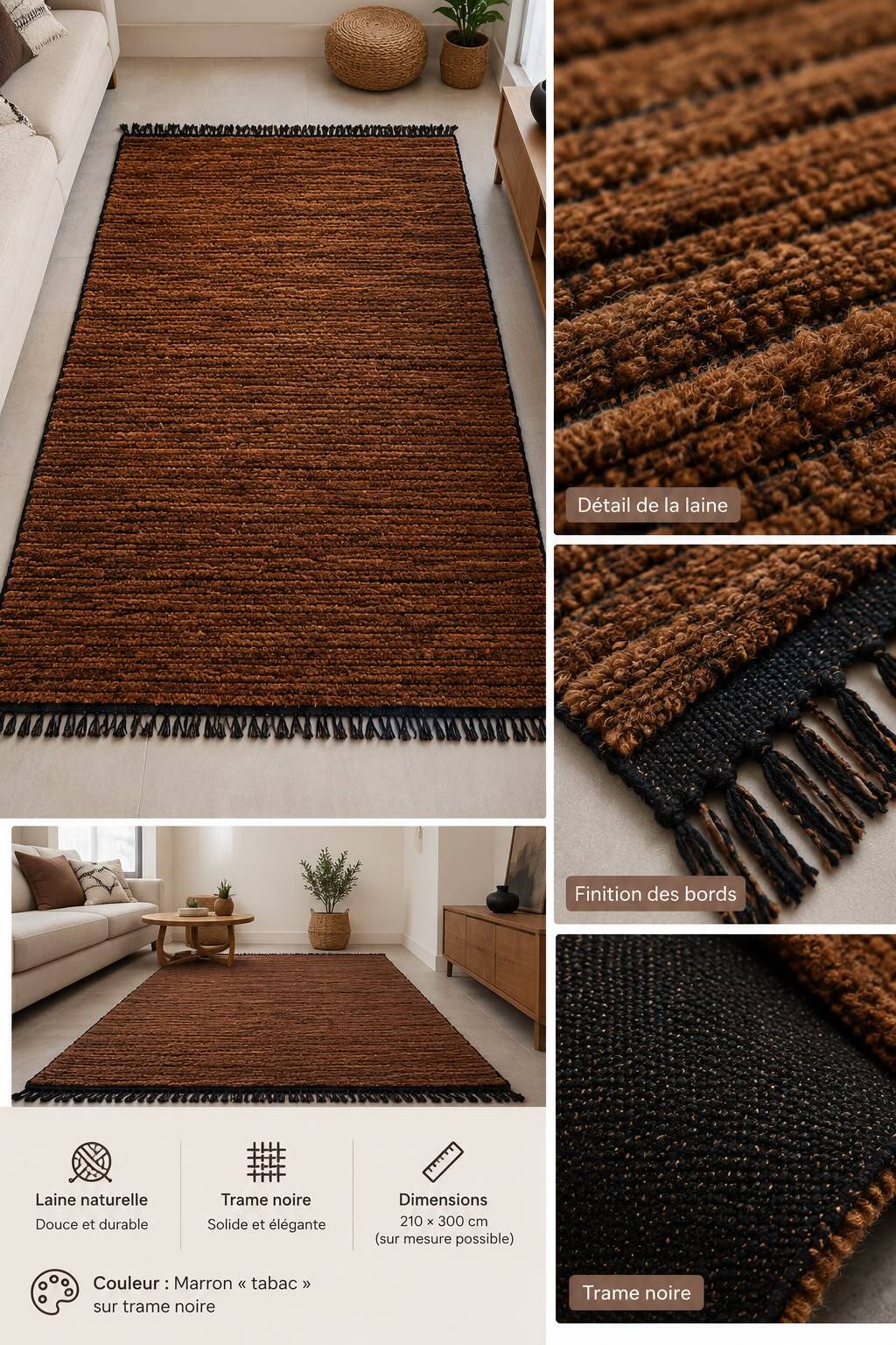 Moroccan Berber Mrirt rug in tobacco brown wool, black weave – 210 × 300.