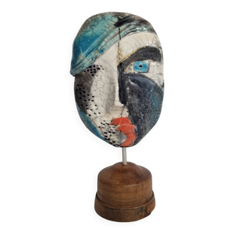 Contemporary sculpture mask in raku ceramic signed on base 26 cm