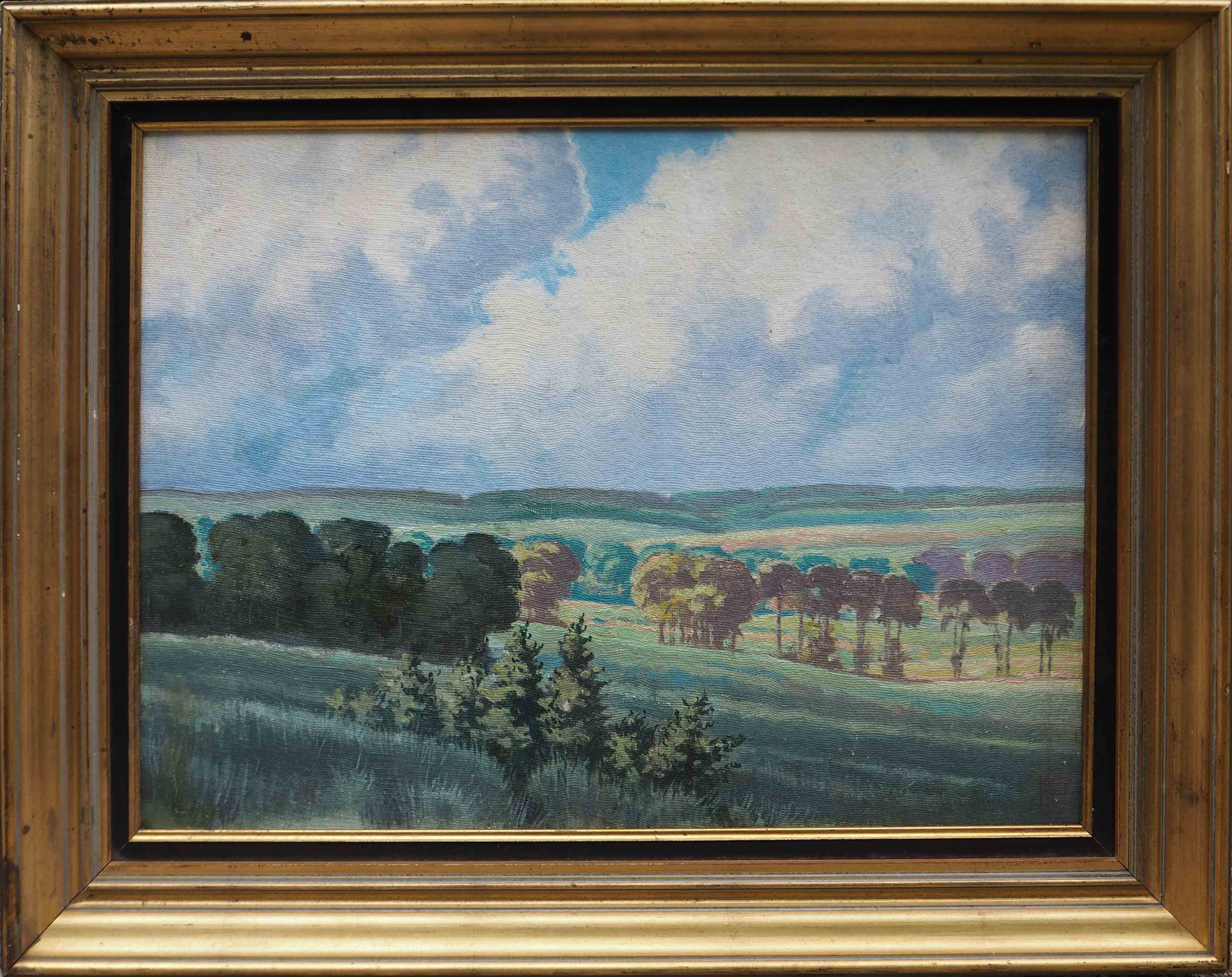 Tableau HSP Paysage ensoleillé Champs et forêts signé 1956 + cadre