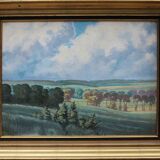 Tableau HSP Paysage ensoleillé Champs et forêts signé 1956 + cadre
