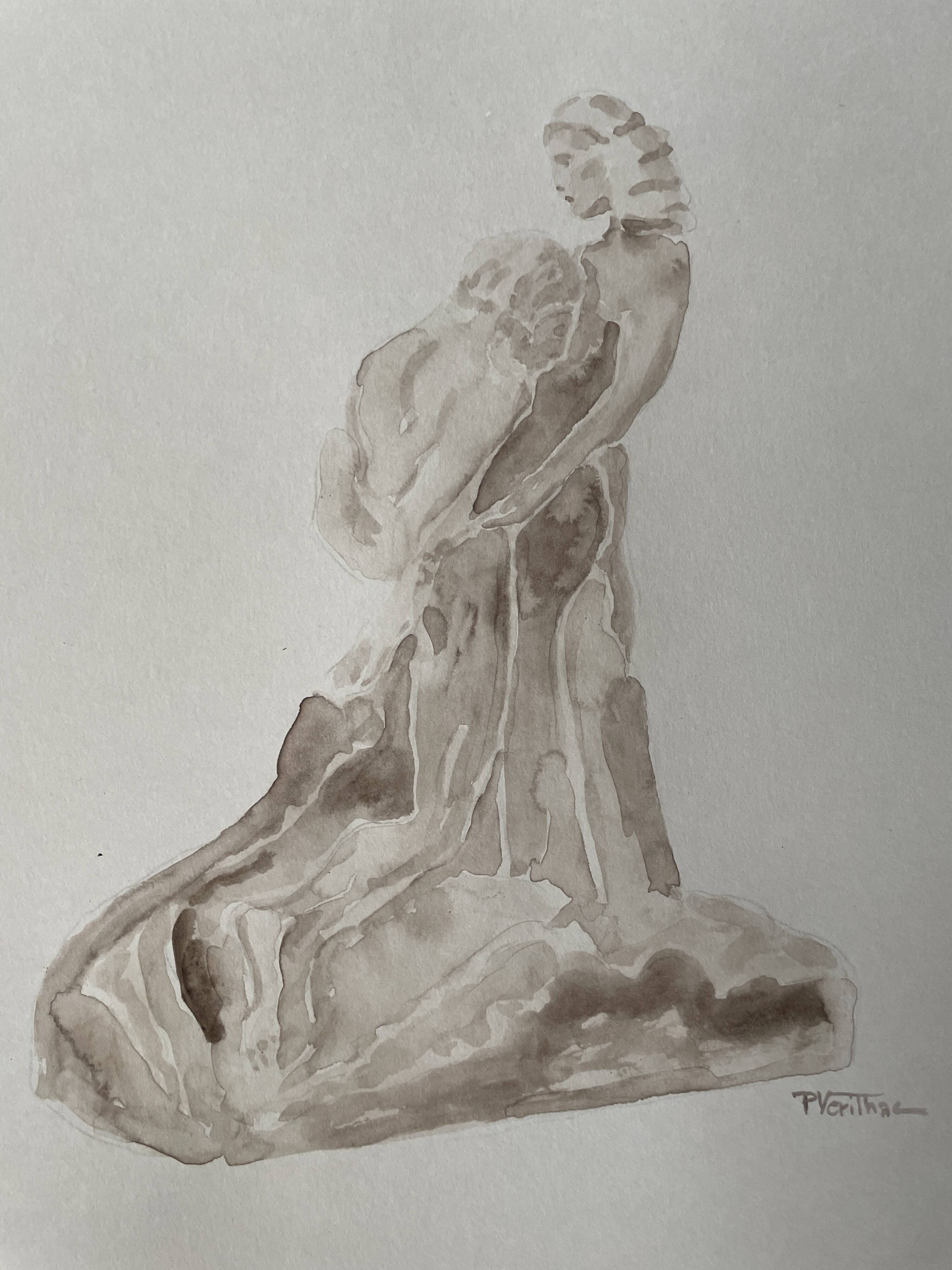 Painting signed sepia monochrome watercolor study of the statue “the eternal idol of Rodin”