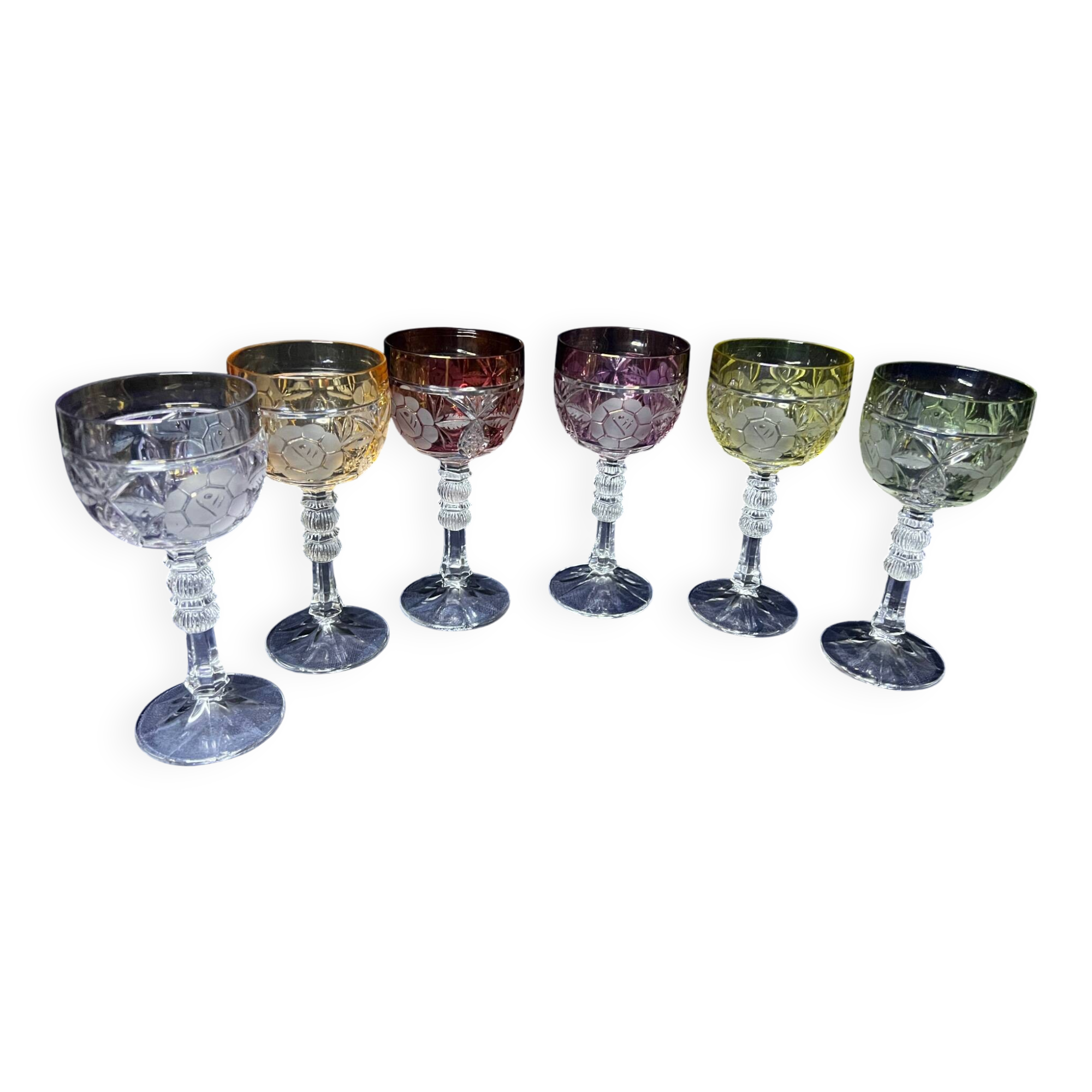 Set of 6 wine glasses. Solid colored crystal.