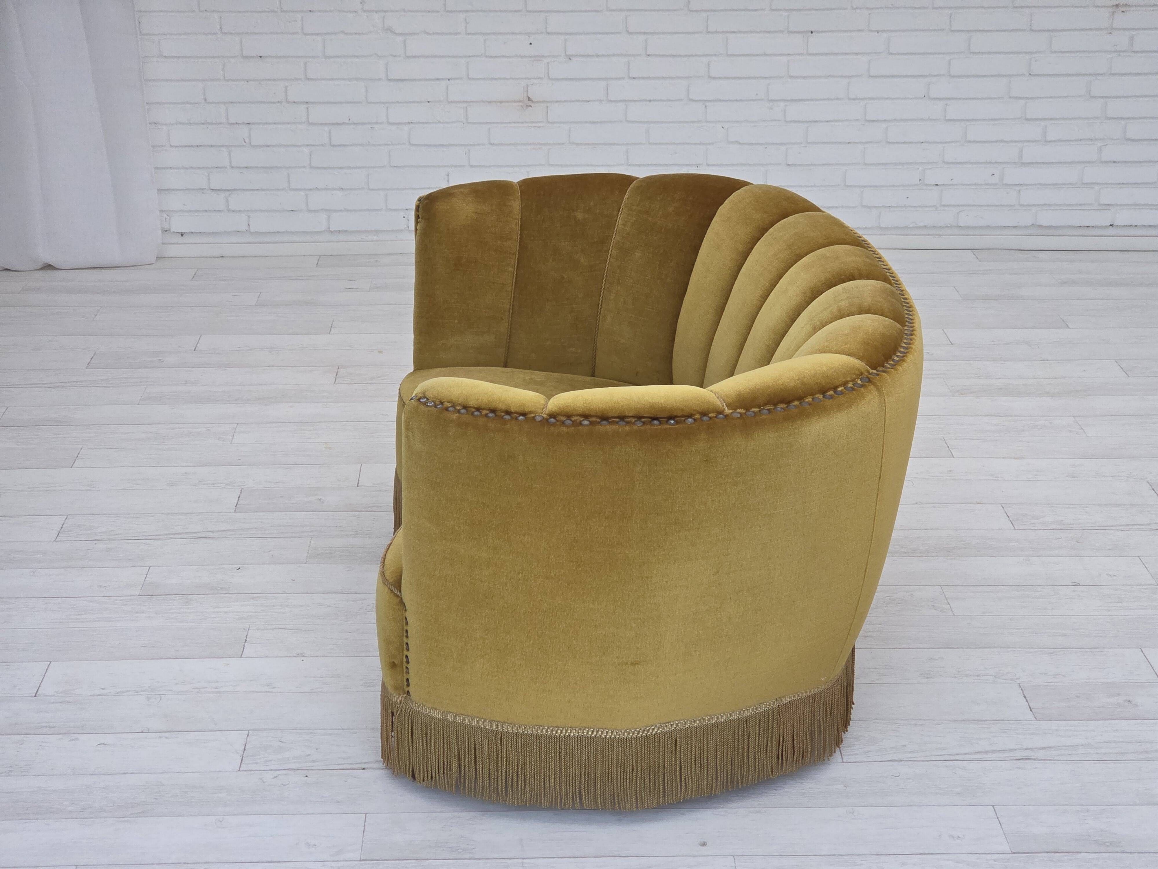 1960s, Danish 2-seater "Banan" sofa, green furniture velour, oak wood.