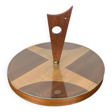Plateau tournant en bois et verre midcentury modern