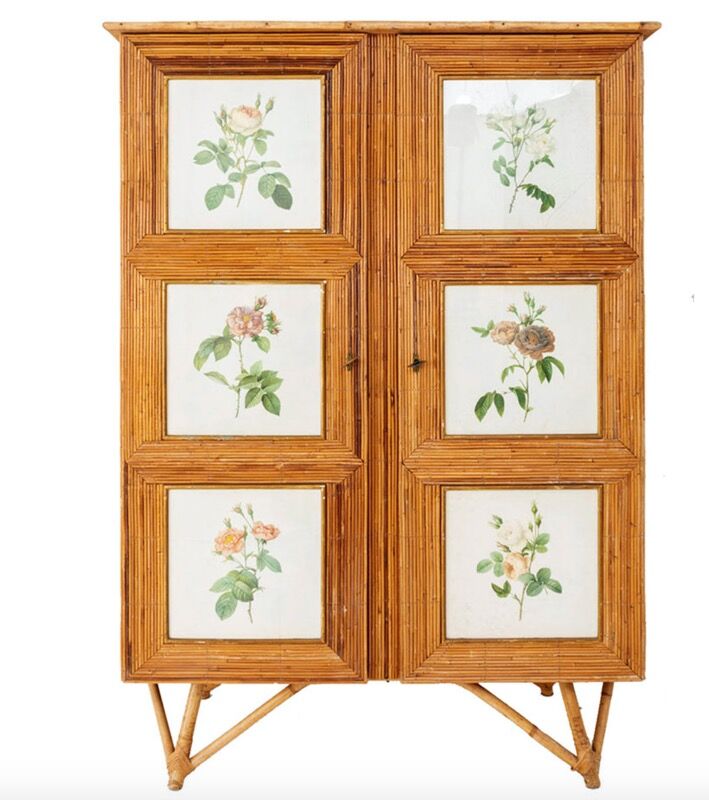 Split bamboo cabinet and engravings under glass 1960
