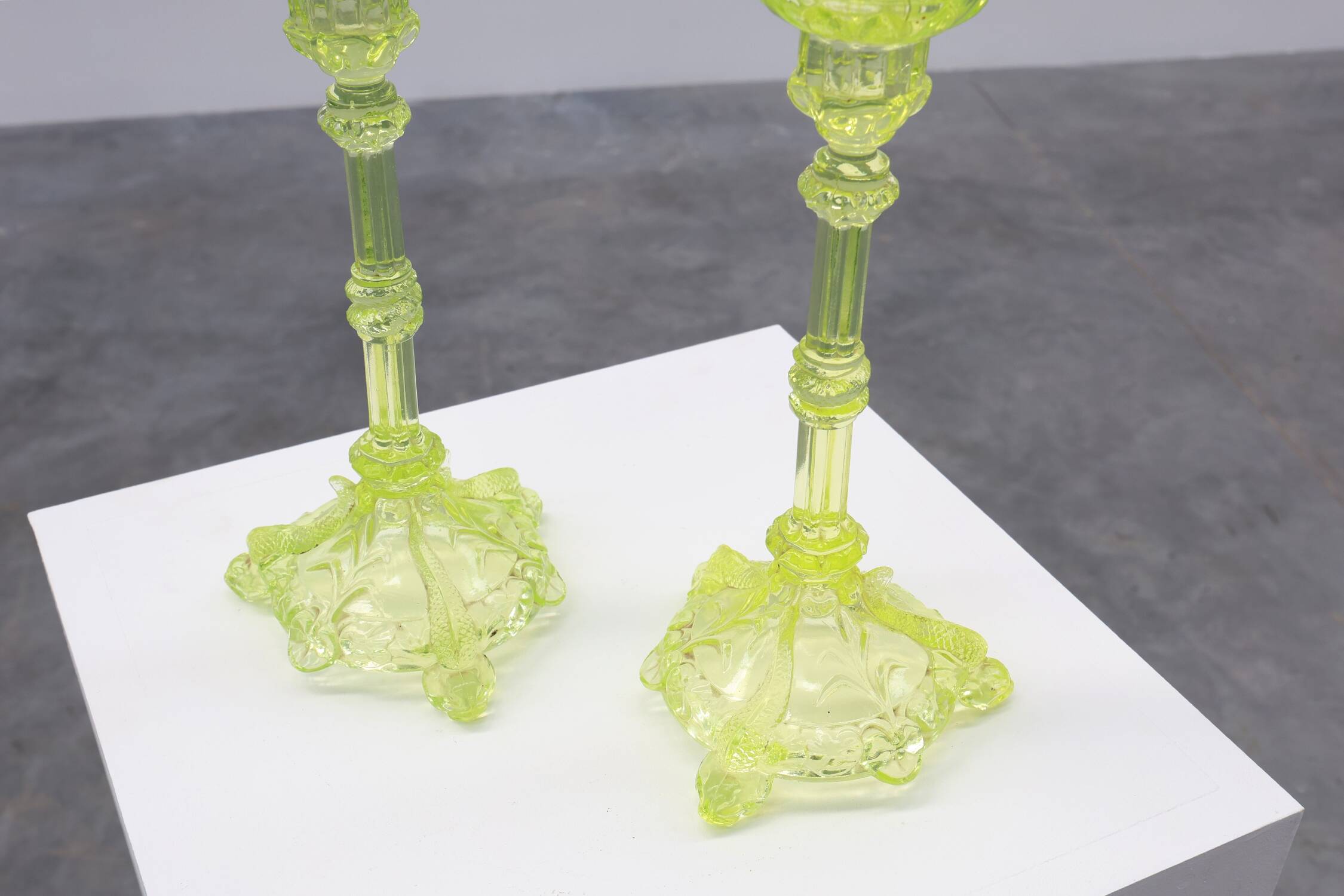 Pair Uranium or annagreen glass candlesticks by Vallerysthal & Portieux