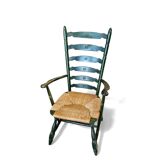 Vintage transparent green wooden arm chair / rush seat / high back ladder chair