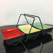 Aperitif service in coloured enamelled sheet metal, cups, ramekins
