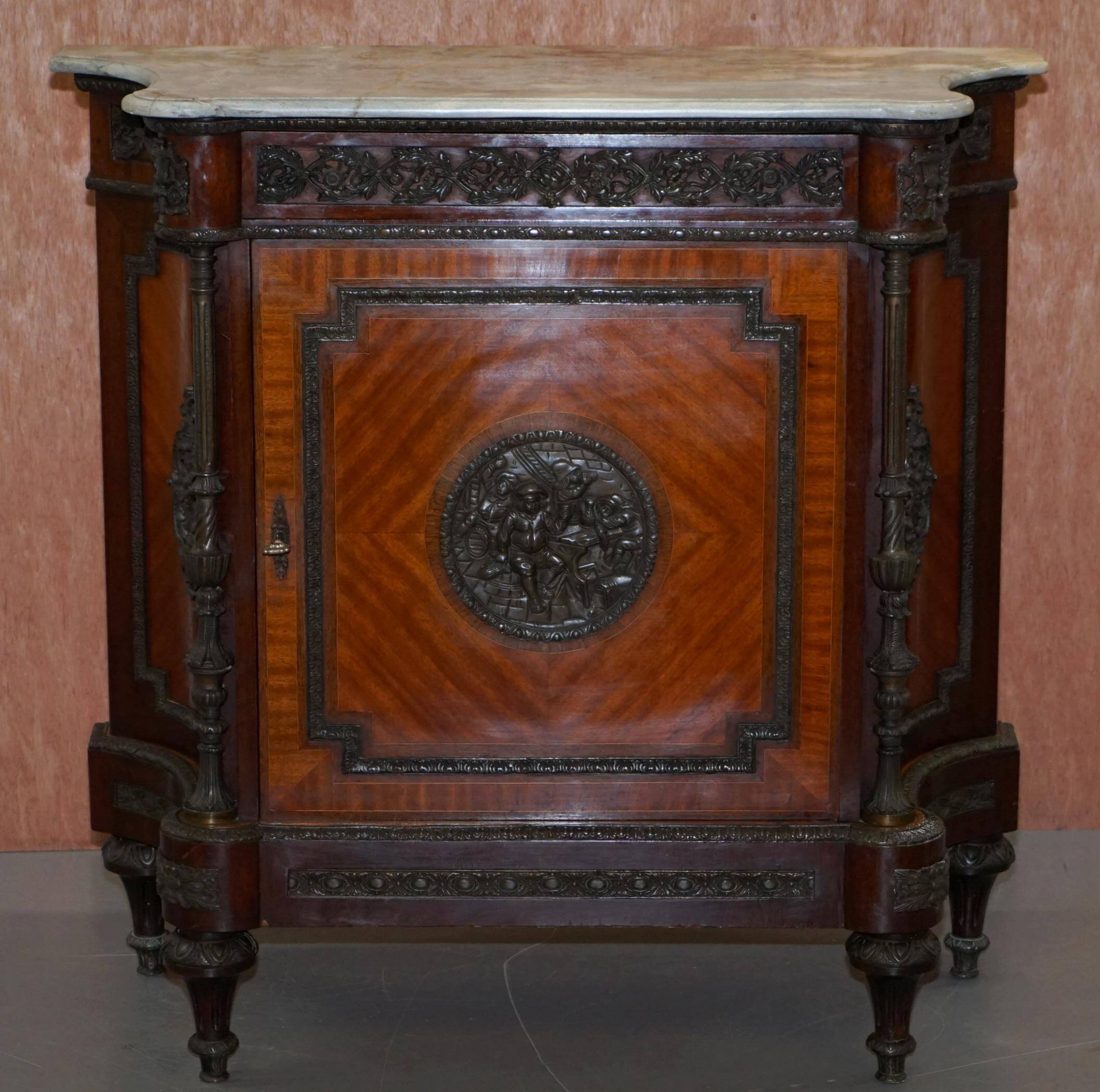 Louis Buffet in Walnut 19th Century with Drawers, Marble and Bronze Ornaments
